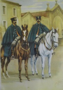 Dibuix de guàrdia muntada amb uniforme de diari d'hivern. Any 1864.