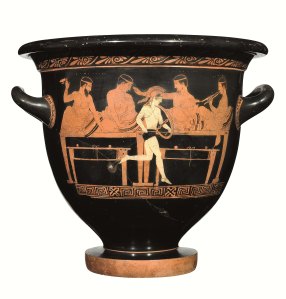 Cràtera àtica de campana amb una escena de Komos. Atribuida al pintor de Kleophon. 440-430. aC.