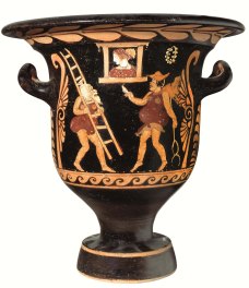 Cràtera de campana amb Zeus davant de la finestra d'Alcmea. Aribuida al pintor Asteas. 360-330. aC.