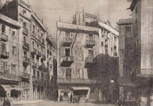 La plaça Nova entre els carrers del Bou i la Corríbia. 1842. Arxiu AFPN.