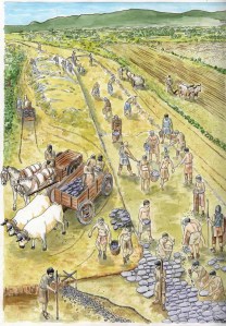 Representació de la construcció de la via romana de Collsuspina. Arxiu Camp de les Lloses.