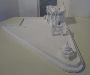 Maqueta de la finca. En primer terme la capella de Santa Rita.