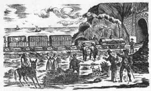 Capçalera d'un romanço amb un tren entrant al túnel de Montgat.