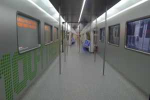 Rèplica de vagó modern a l'exposició amb preguntes sobre la xarxa de metro.