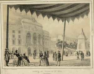 Gravat del Pla de les Comèdies i el Teatre de la Santa Creu. Foto Donon. AHCB.